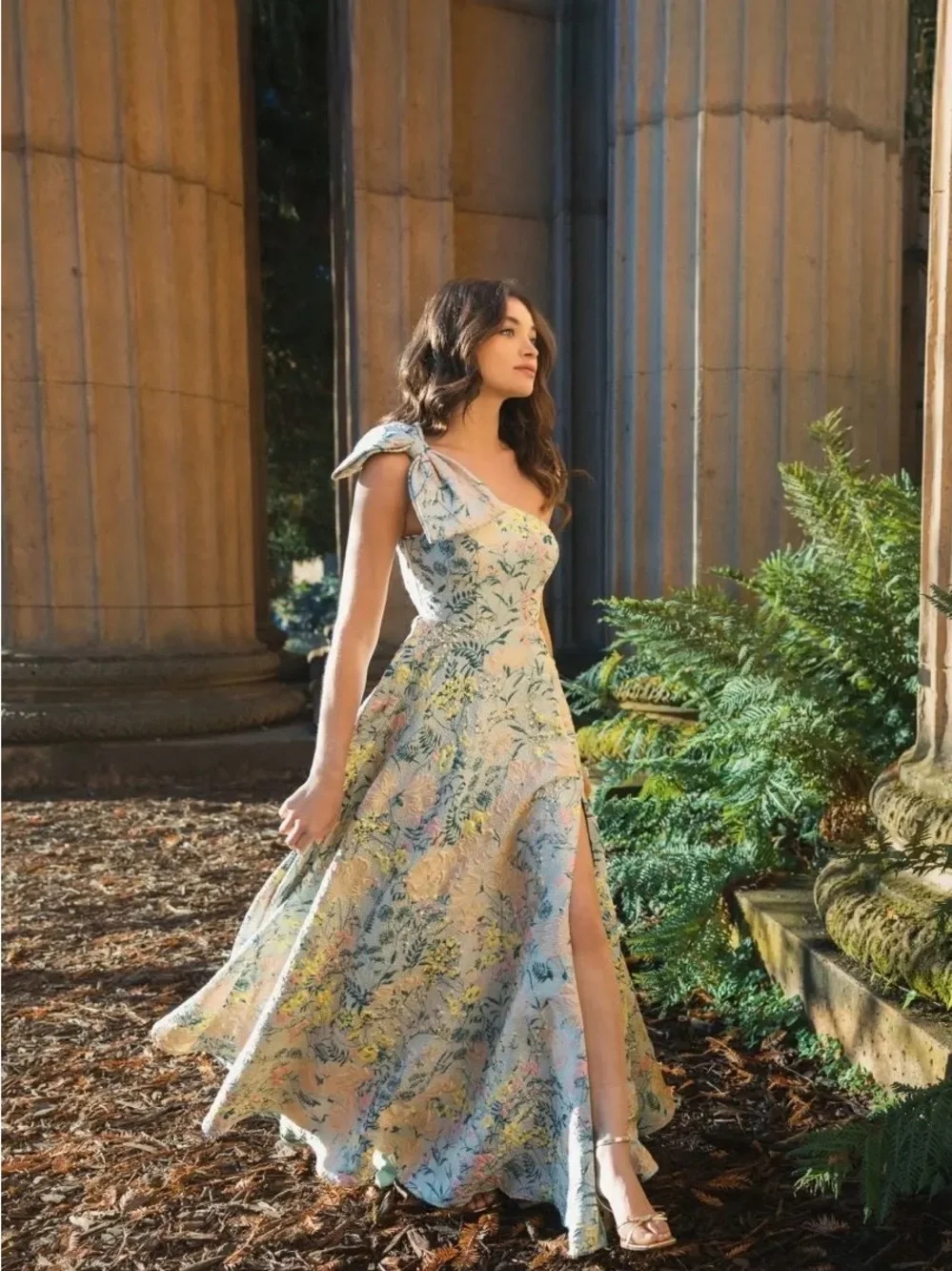 Mac Duggal One-Shoulder Floral Jacquard Brocade Gown Pastel Green Pink Yellow